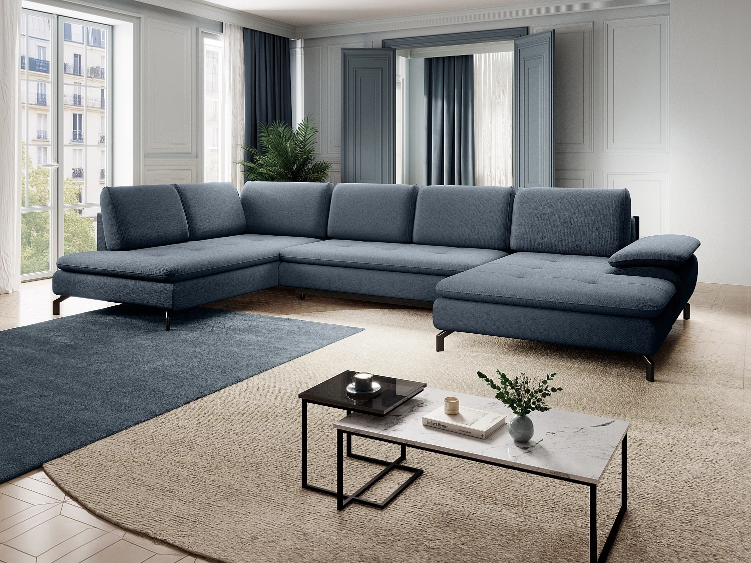 Grand canapé d'angle gauche panoramique convertible en tissu texturé bleu ARCHIBALD