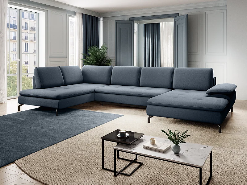 Stor, venstre, panoramisk hjørnesofa i textureret blåt stof ARCHIBALD