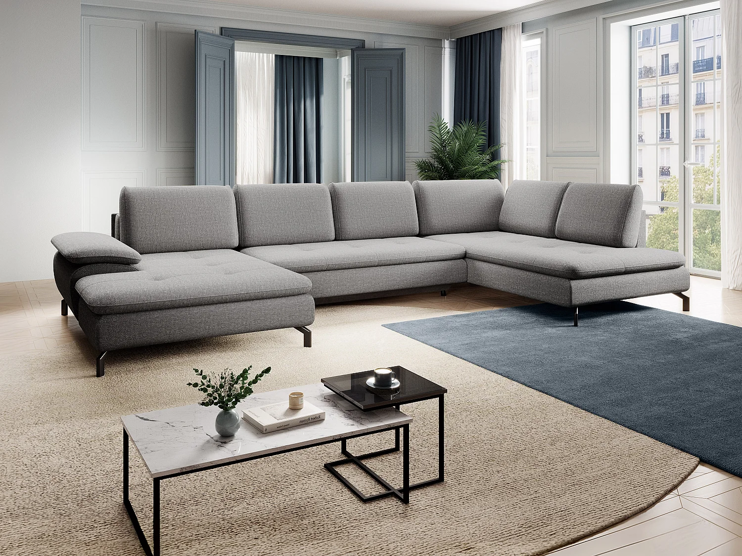 Grand canapé d'angle droit panoramique convertible en tissu texturé gris ARCHIBALD