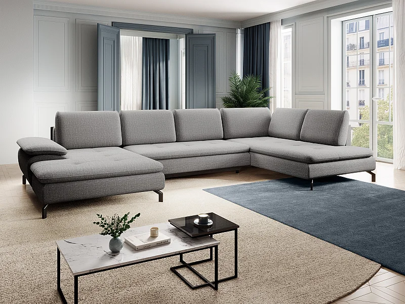 Stor hjørnesofa med højre vinkel, panoramaudsigt, udtrækkelig, i grå tekstureret stof ARCHIBALD