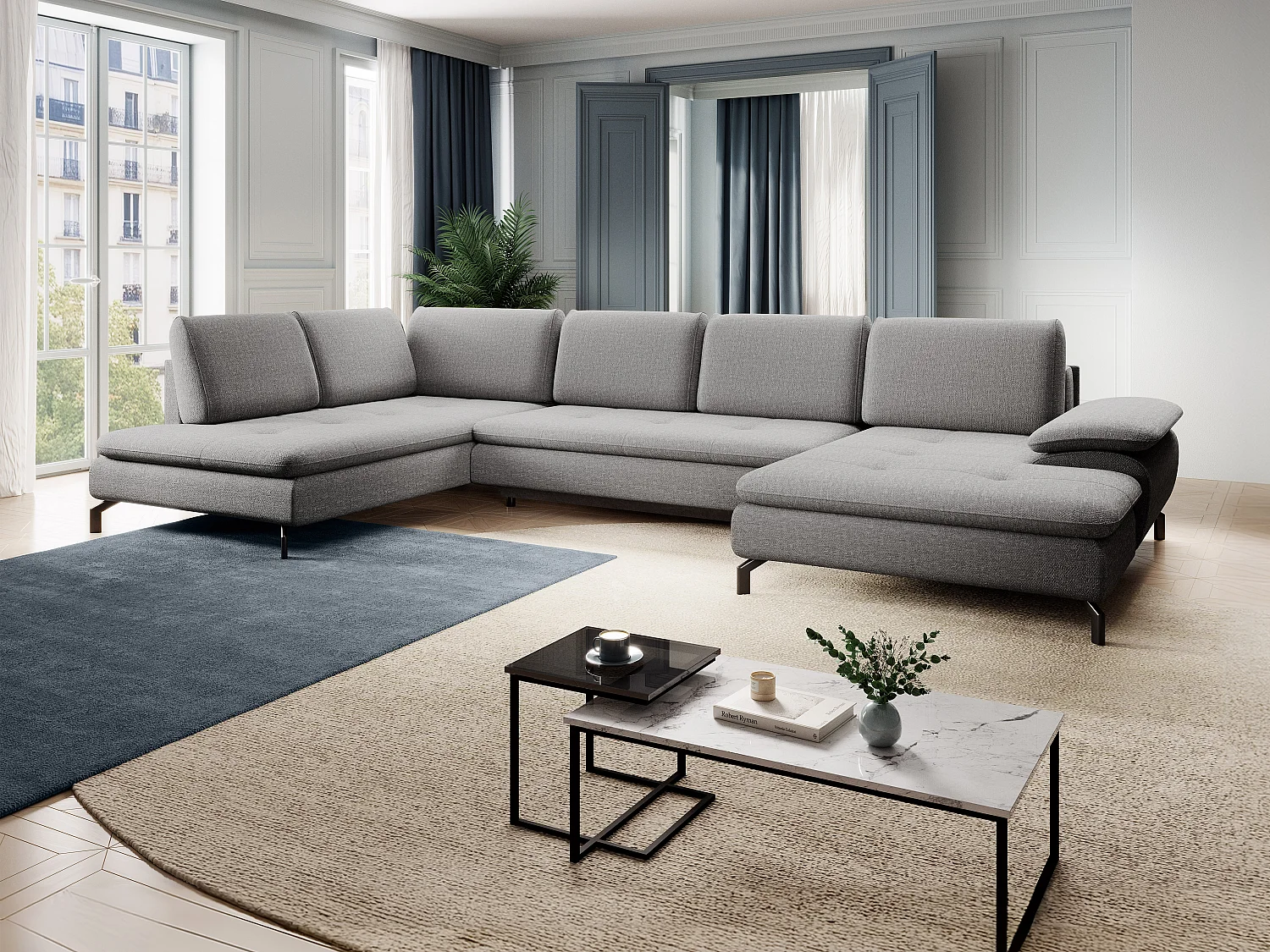 Sofá rinconera panorámico izquierdo de tela texturizada gris ARCHIBALD