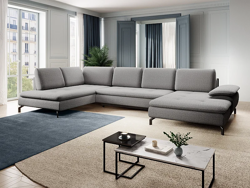 Stor venstre hjørnsofa sofa-chaiselong panorama soveseng i struktureret grå stof med opbevaringsboks ARCHIBALD