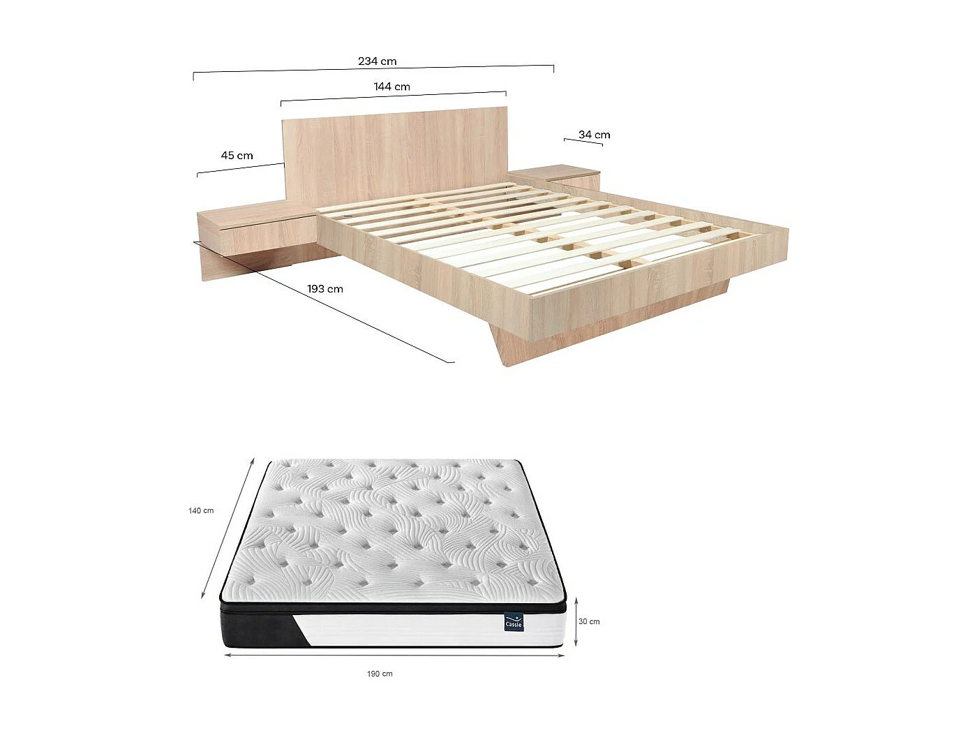 Lit COOL 140x190 cm + 2 chevets + sommier + matelas CASSIE / Décor Chêne blanchi