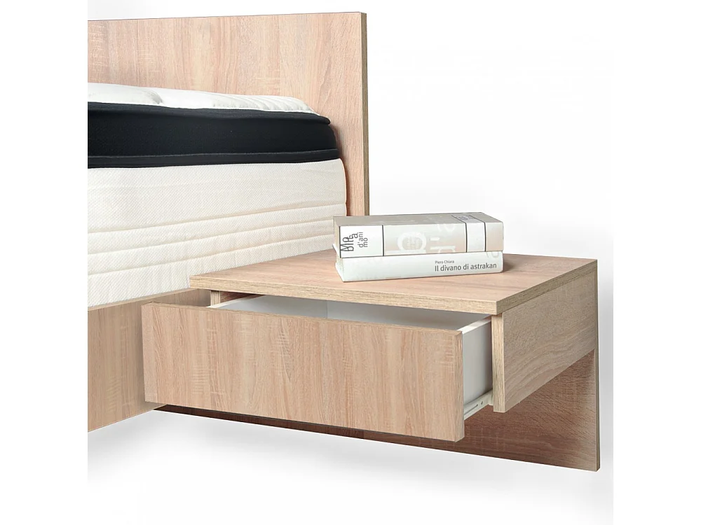 Lit COOL 140x190 cm + 2 chevets + sommier + matelas CASSIE / Décor Chêne blanchi