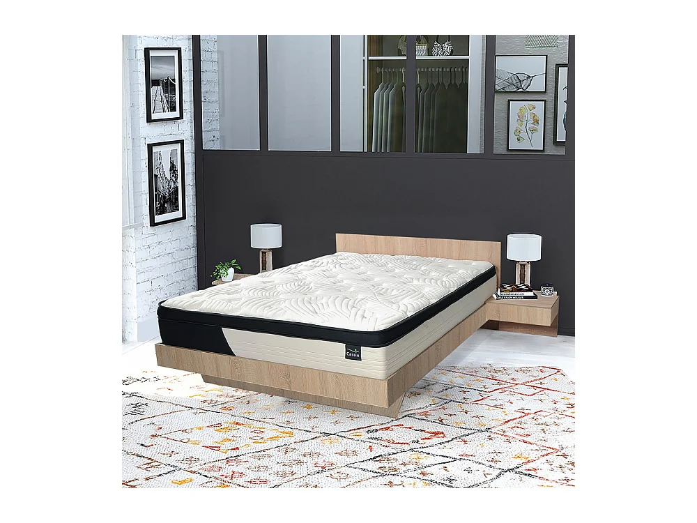 Lit COOL 140x190 cm + 2 chevets + sommier + matelas CASSIE / Décor Chêne blanchi