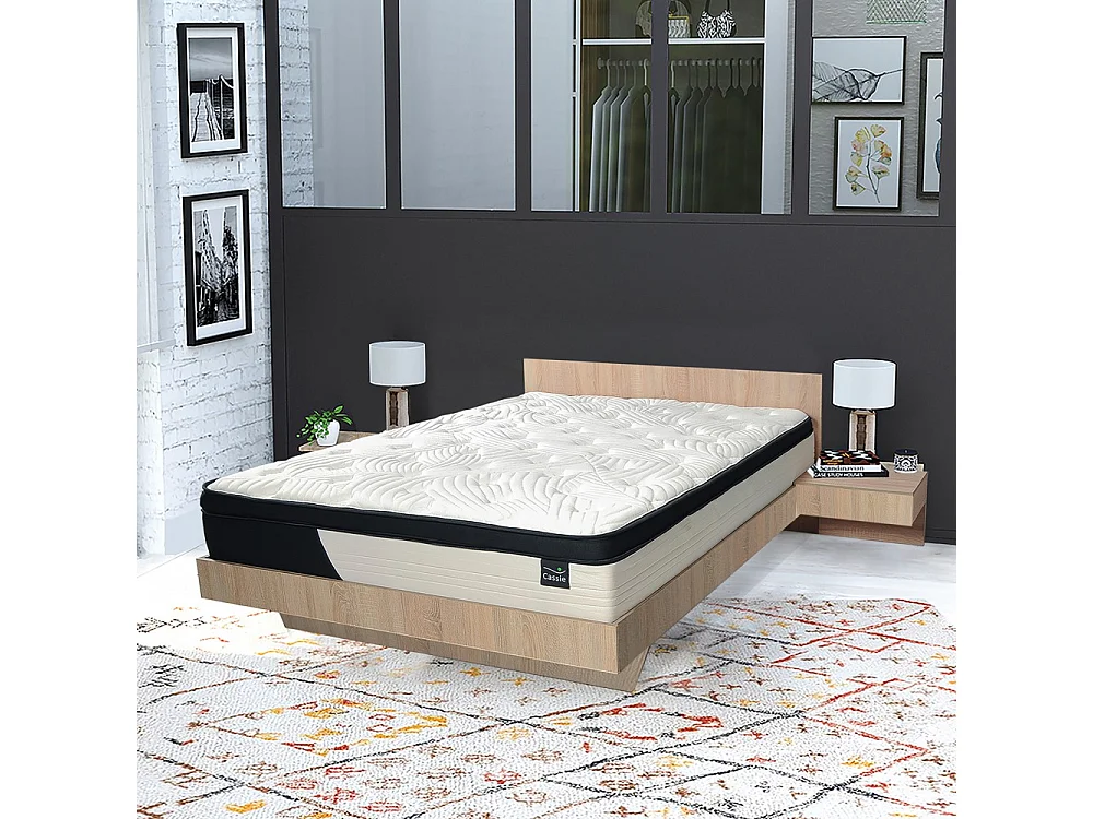 Lit COOL 140x190 cm + 2 chevets + sommier + matelas CASSIE / Décor Chêne blanchi