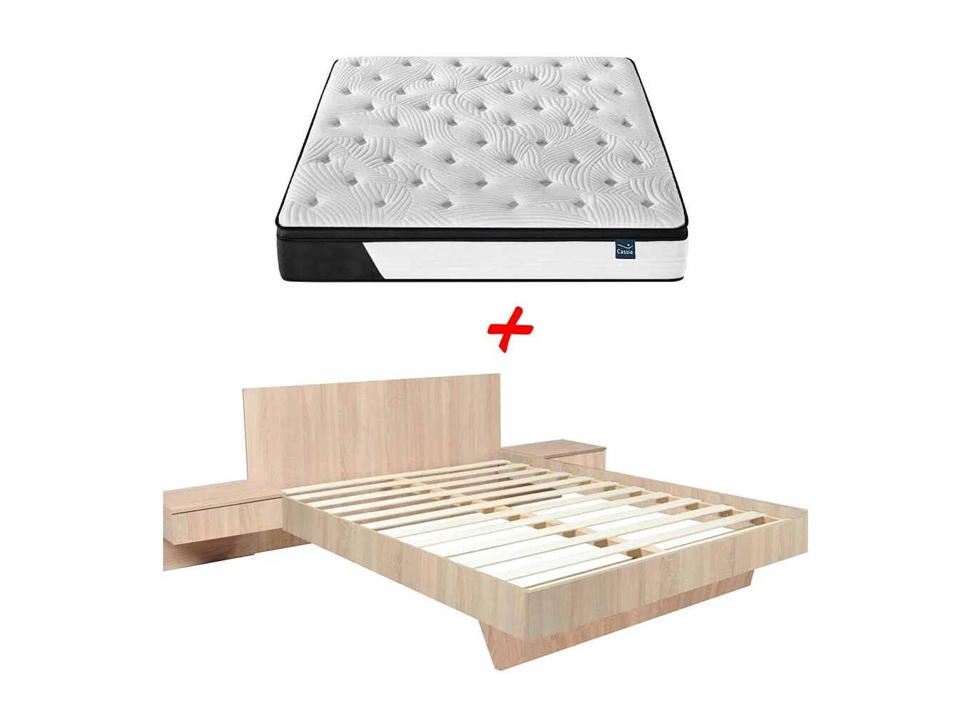 Lit COOL 140x190 cm + 2 chevets + sommier + matelas CASSIE / Décor Chêne blanchi