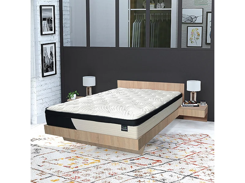 Lit COOL 140x190 cm + 2 chevets + sommier + matelas CASSIE / Décor Chêne blanchi