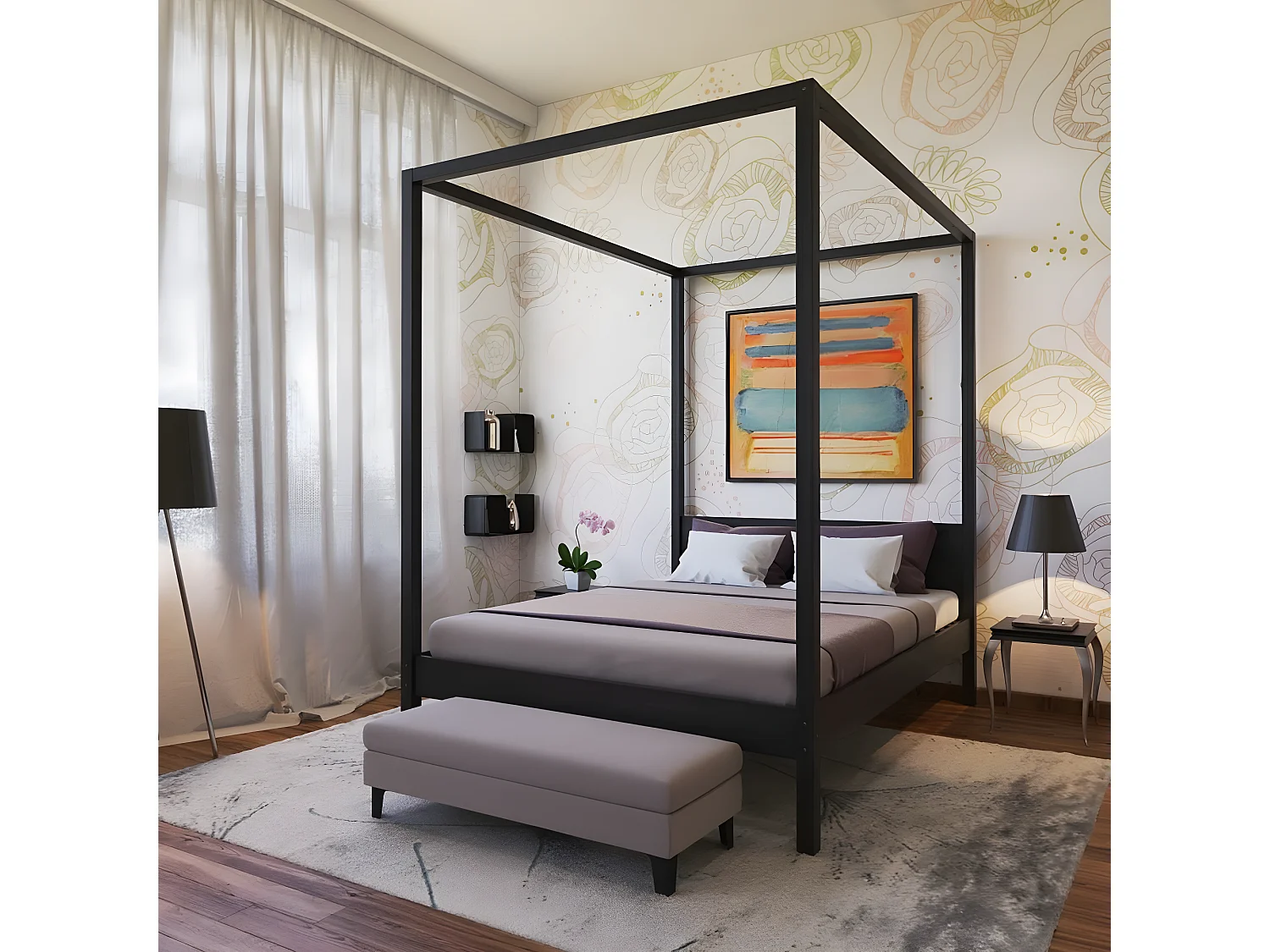Lit double à baldaquin ROMANCE 140x190 / Noir