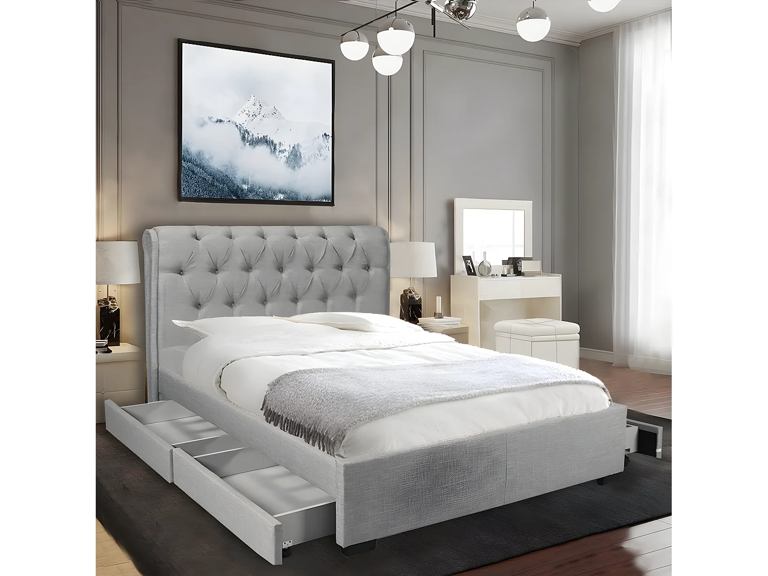 Lit CHELSEA 140x190 + 4 tiroirs + sommier / Gris clair