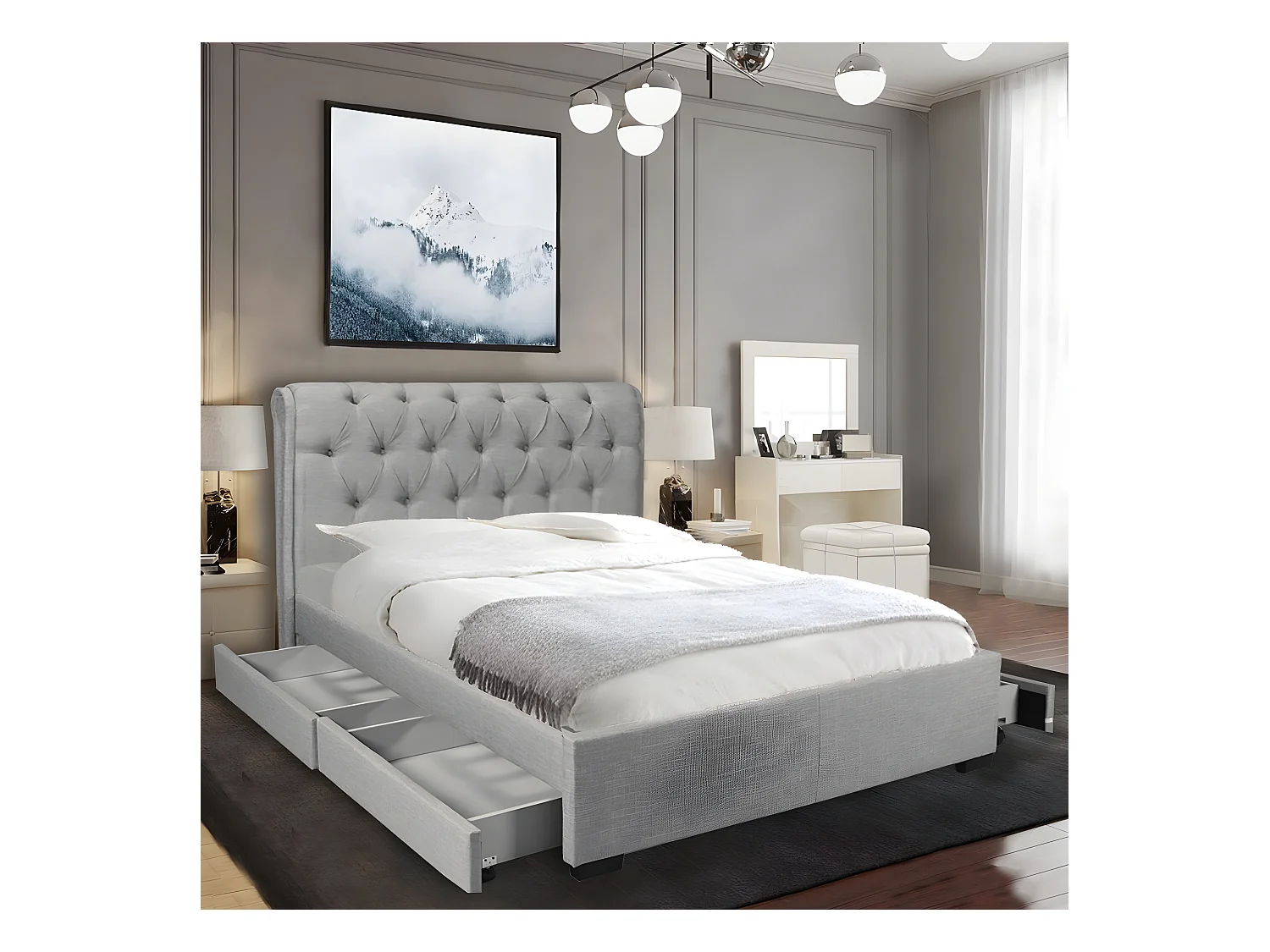 Lit CHELSEA 140x190 + 4 tiroirs + sommier / Gris clair