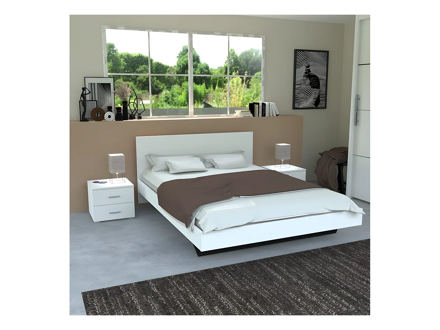 Lit LOFT 140x190 + 2 chevets  + sommier + tête de lit / Blanc