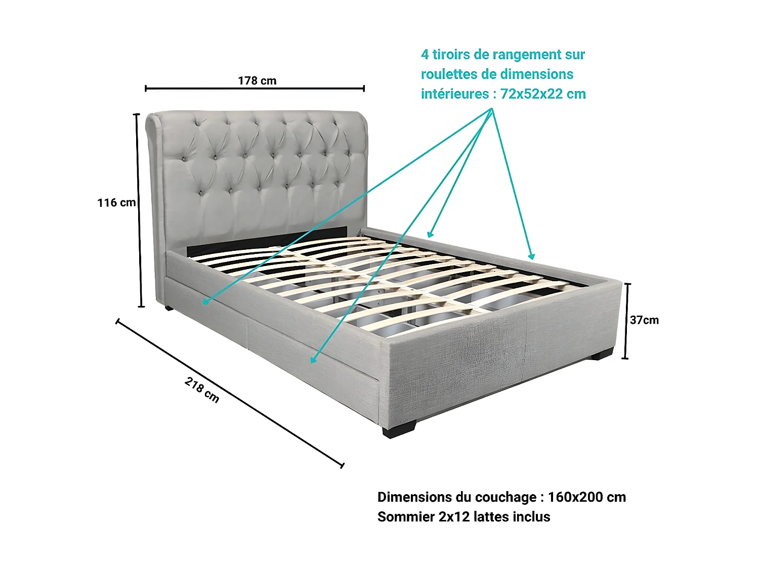 Lit CHELSEA 160x200  + 4 tiroirs + sommier / Gris clair