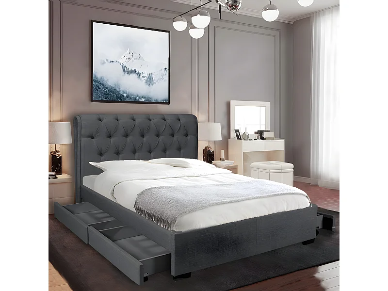 Lit CHELSEA 140x190+ 4 tiroirs + sommier / Gris foncé