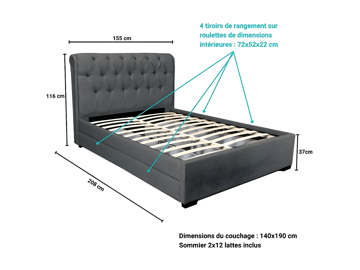 Lit CHELSEA 140x190+ 4 tiroirs + sommier / Gris foncé