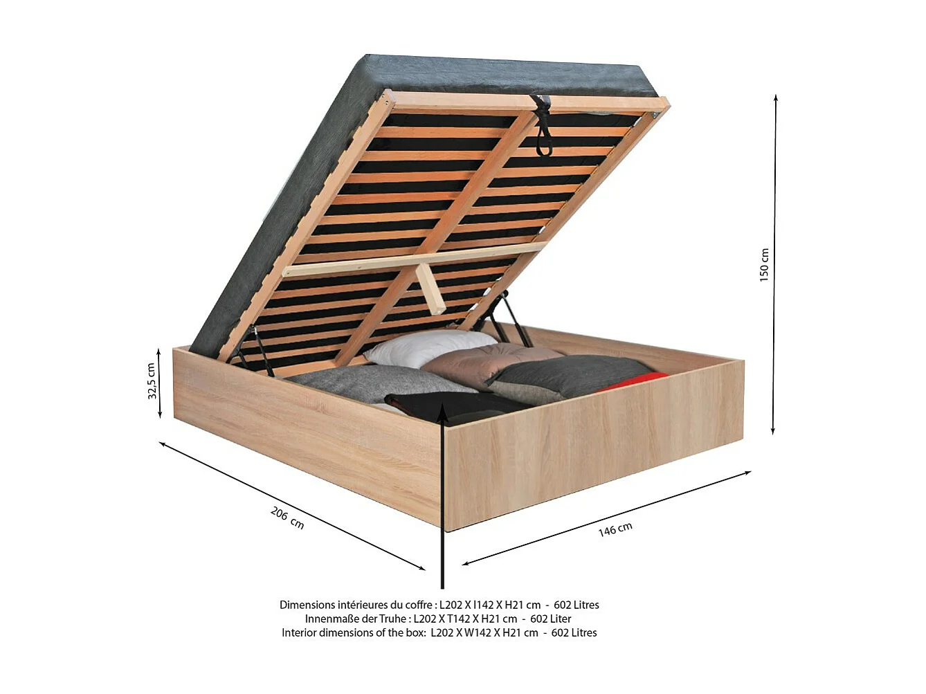 Lit coffre BILBAO 140x200 cm + sommier / Décor chêne blanchi