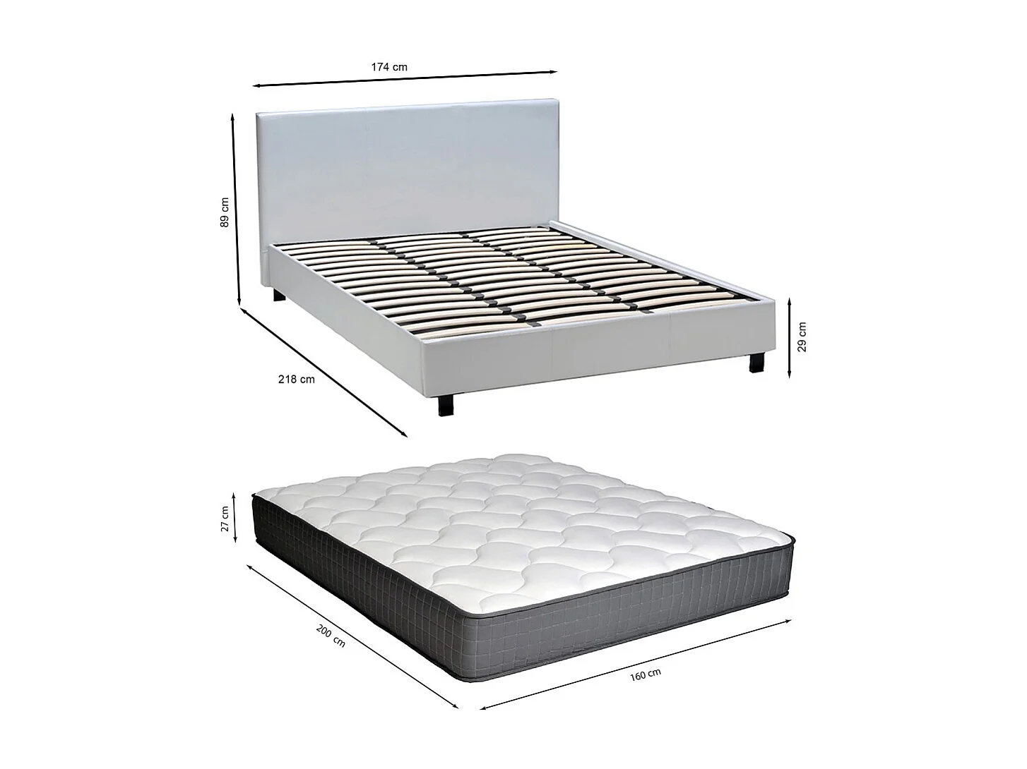 Lit ATLANTA 160x200 + 1 sommier + 1 matelas CARLTON / Blanc