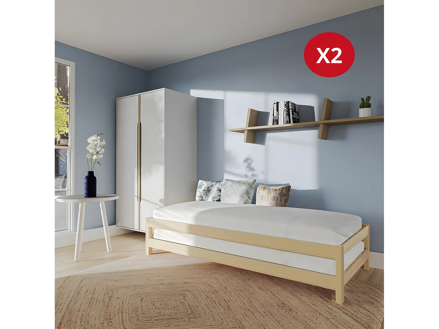 Lit empilable JONAS 90x200 (lot de deux lits)+ 2 sommiers / Naturel