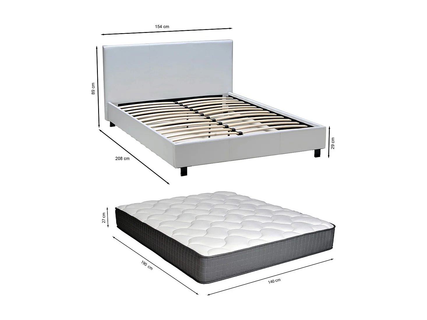 Lit ATLANTA 140x190 + 1 sommier + 1 matelas CARLTON / Blanc