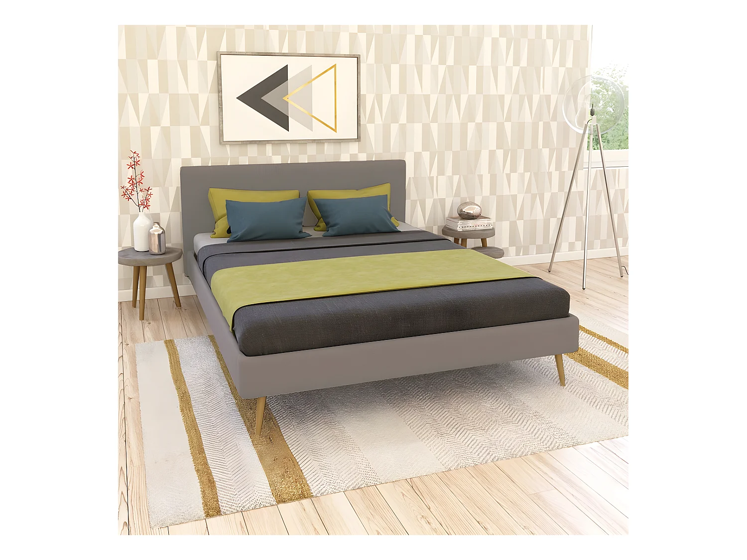 Lit FJORD 140x190 tissu + 1 sommier + 1 matelas CARLTON / Gris Clair