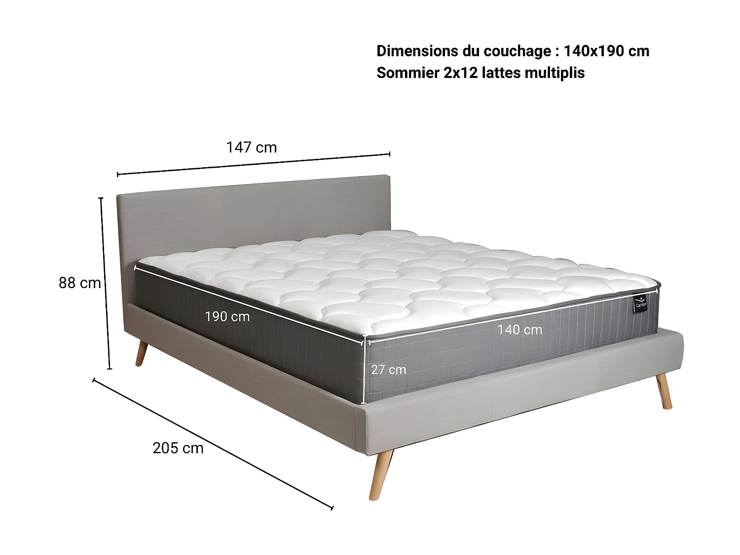 Lit FJORD 140x190 tissu + 1 sommier + 1 matelas CARLTON / Gris Clair