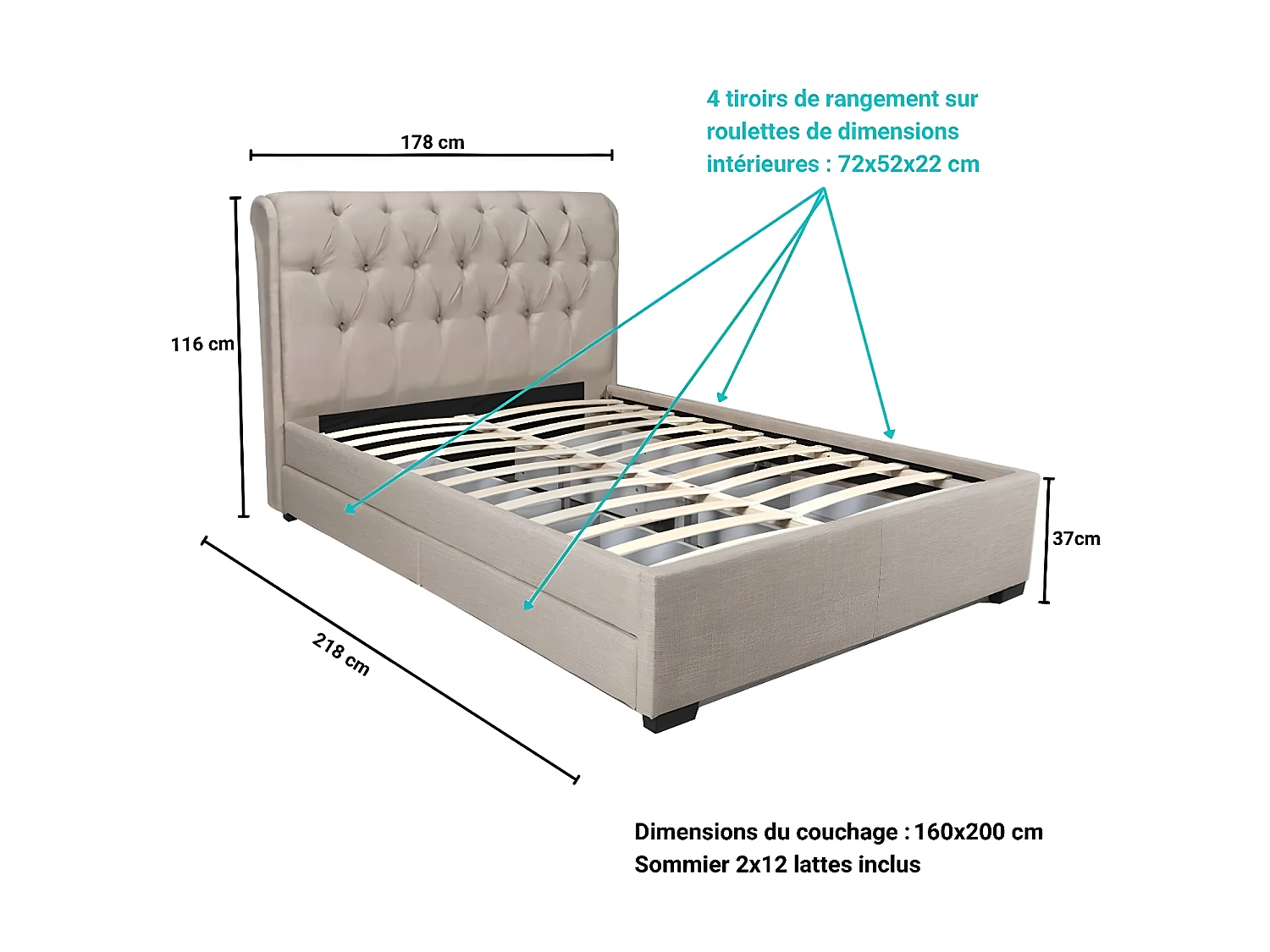 Lit CHELSEA 160x200  + 4 tiroirs + sommier / Beige