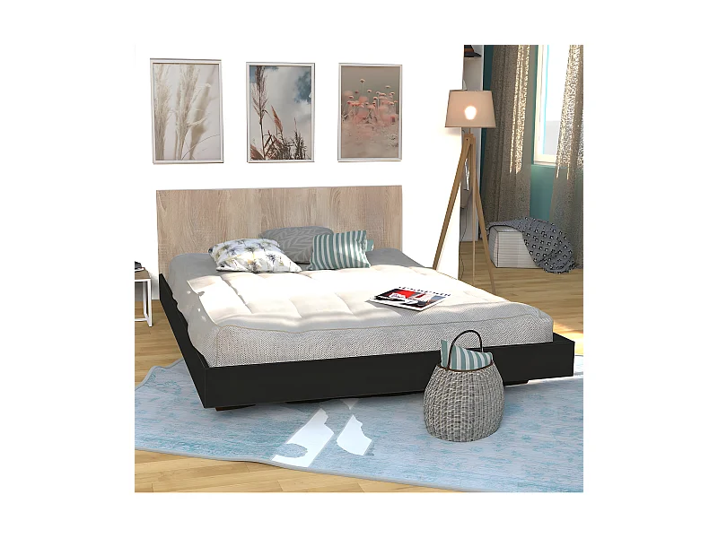 Lit LOFT 140x190 + 1 sommier + tête de lit / Décor Noir & chêne blanchi