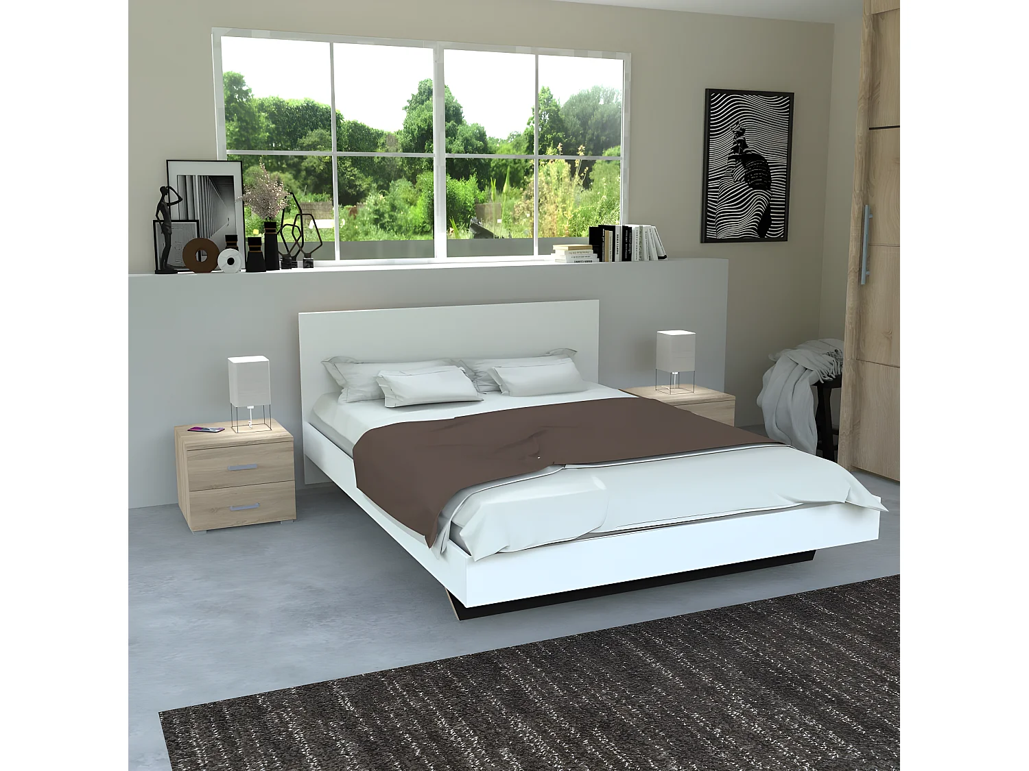 Lit LOFT 140x190 + 2 chevets  + sommier + tête de lit / Blanc