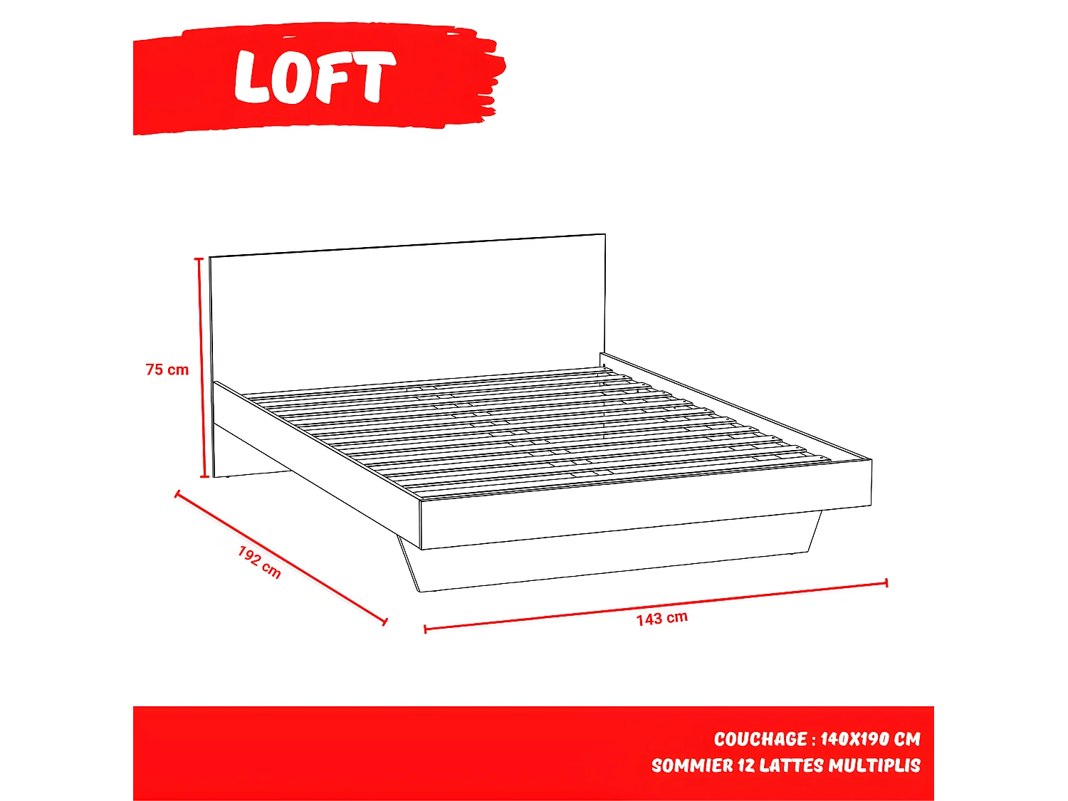 Lit LOFT 140x190 + 2 chevets  + sommier + tête de lit / Blanc