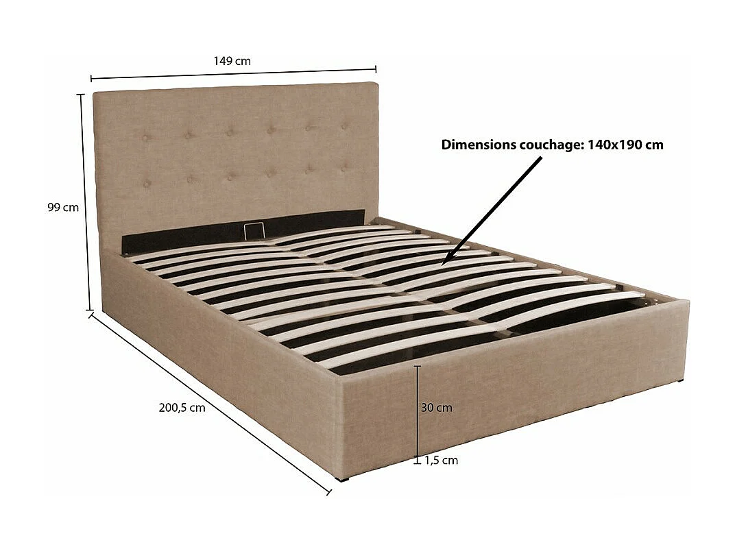Lit coffre PARMA 140x190 + 1 sommier / Beige