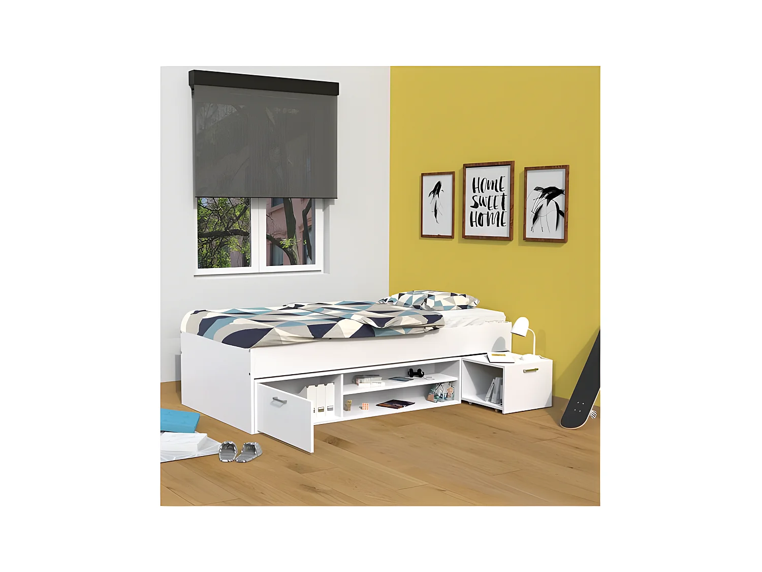 Lit TESS 90x200 + chevet + étagère + rangement / Blanc