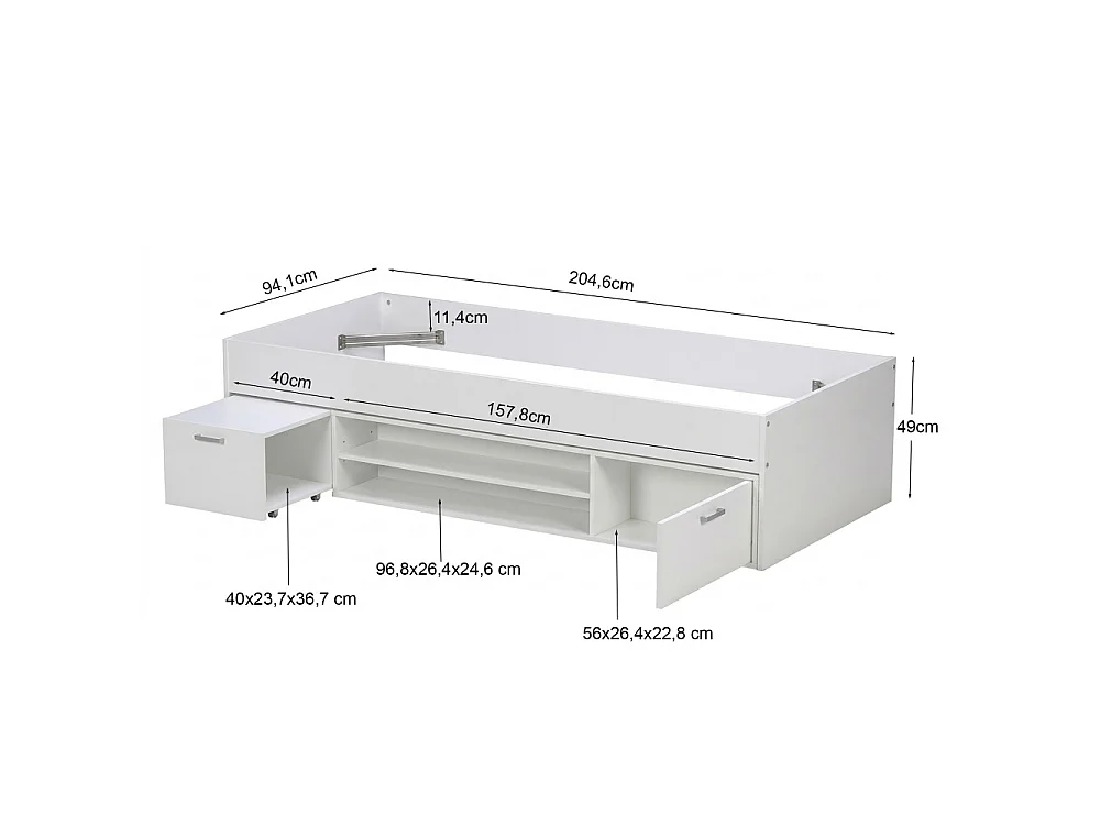 Lit 90x200 TESS + chevet + étagère + rangement / Blanc