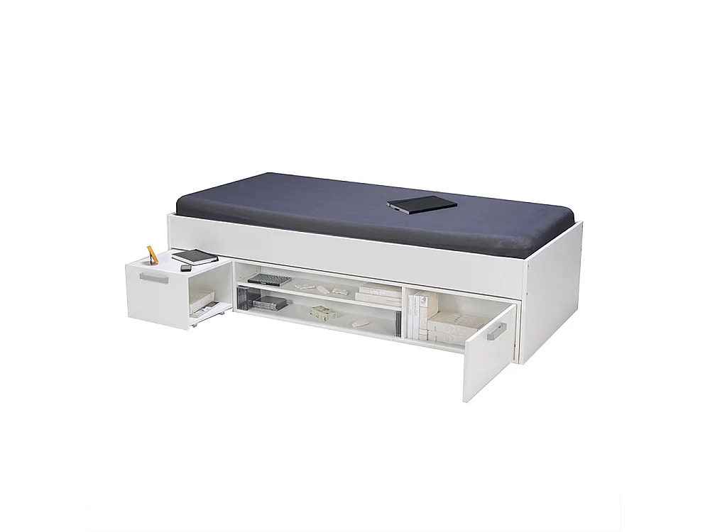 Lit 90x200 TESS + chevet + étagère + rangement / Blanc