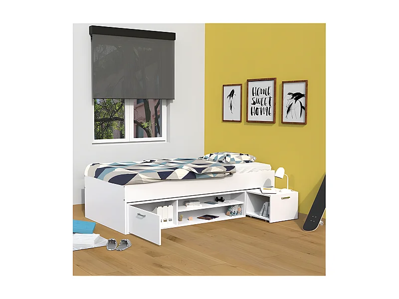 Lit TESS 90x200 + chevet + étagère + rangement / Blanc
