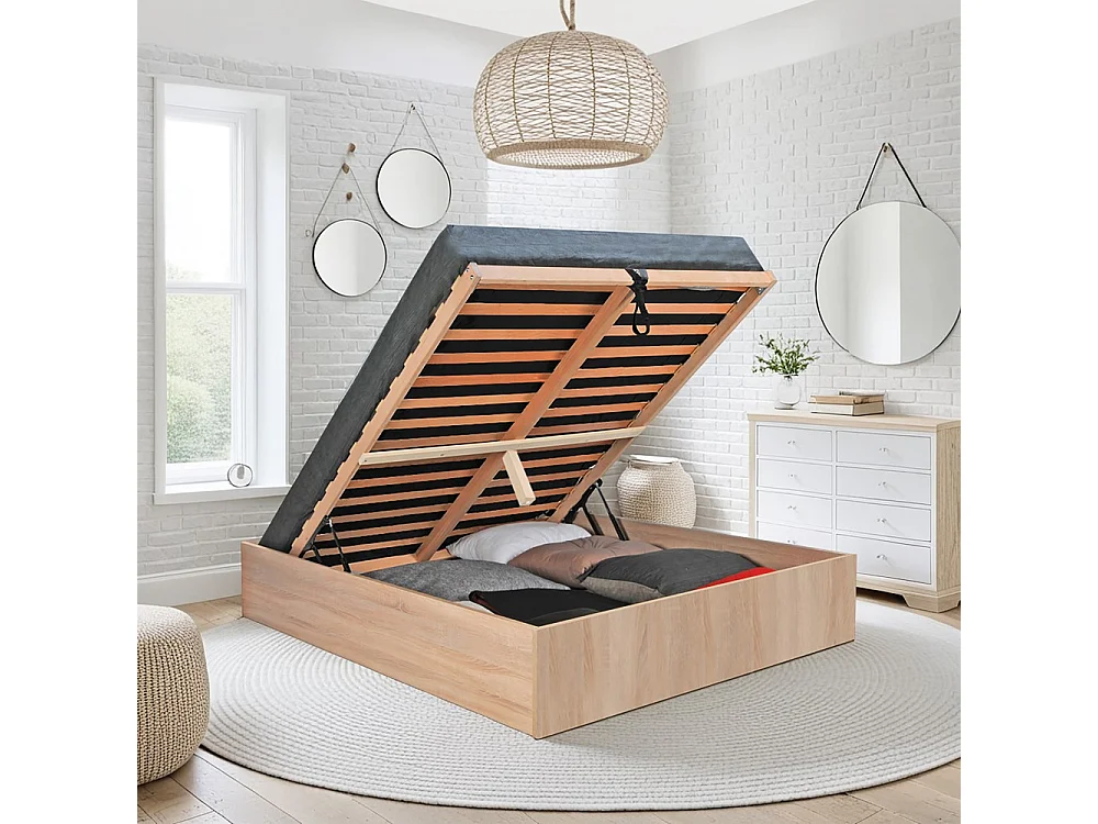 Lit coffre BILBAO 140x190 cm + sommier / Décor chêne blanchi