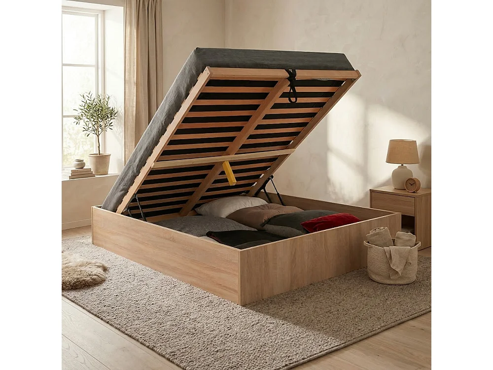 BILBAO Lit Coffre 140x190 cm avec Sommier / Décor Chêne Blanchi / Panneau de Particules / Grand Coffre de Rangement