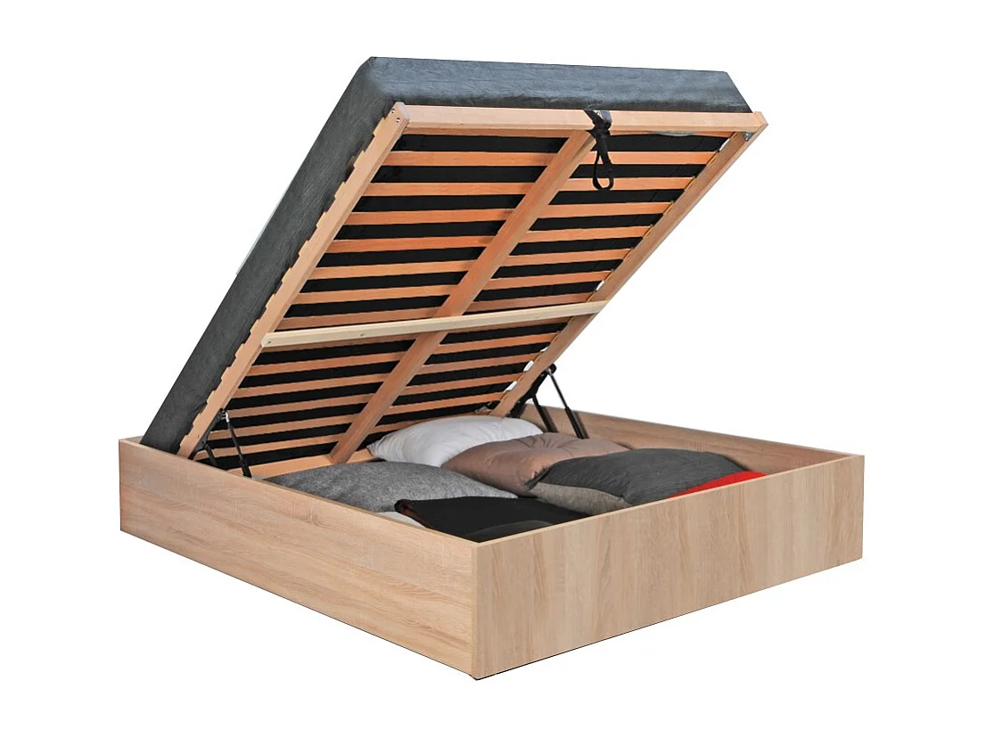 BILBAO Lit Coffre 140x190 cm avec Sommier / Décor Chêne Blanchi / Panneau de Particules / Grand Coffre de Rangement