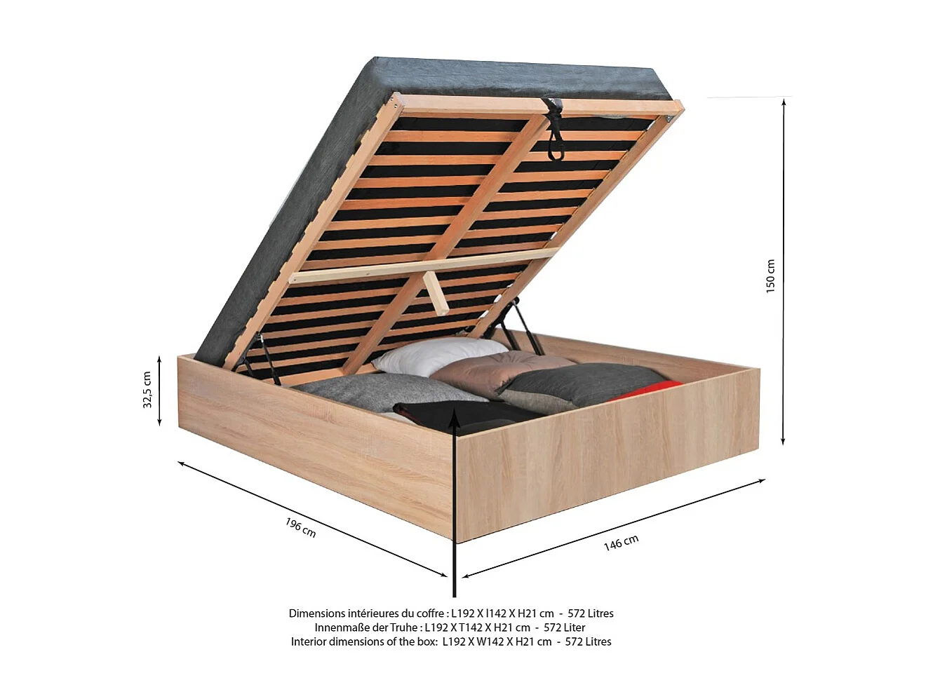 BILBAO Lit Coffre 140x190 cm avec Sommier / Décor Chêne Blanchi / Panneau de Particules / Grand Coffre de Rangement