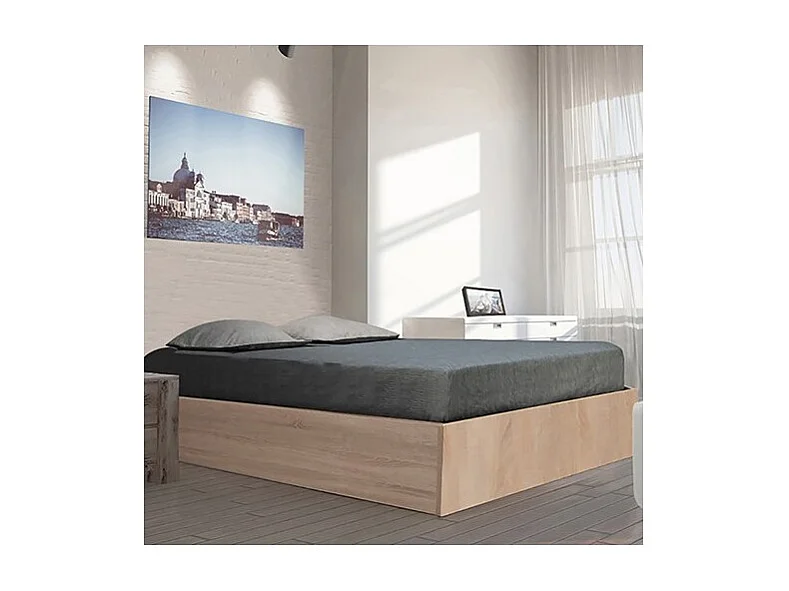 BILBAO Lit Coffre 140x190 cm avec Sommier / Décor Chêne Blanchi / Panneau de Particules / Grand Coffre de Rangement