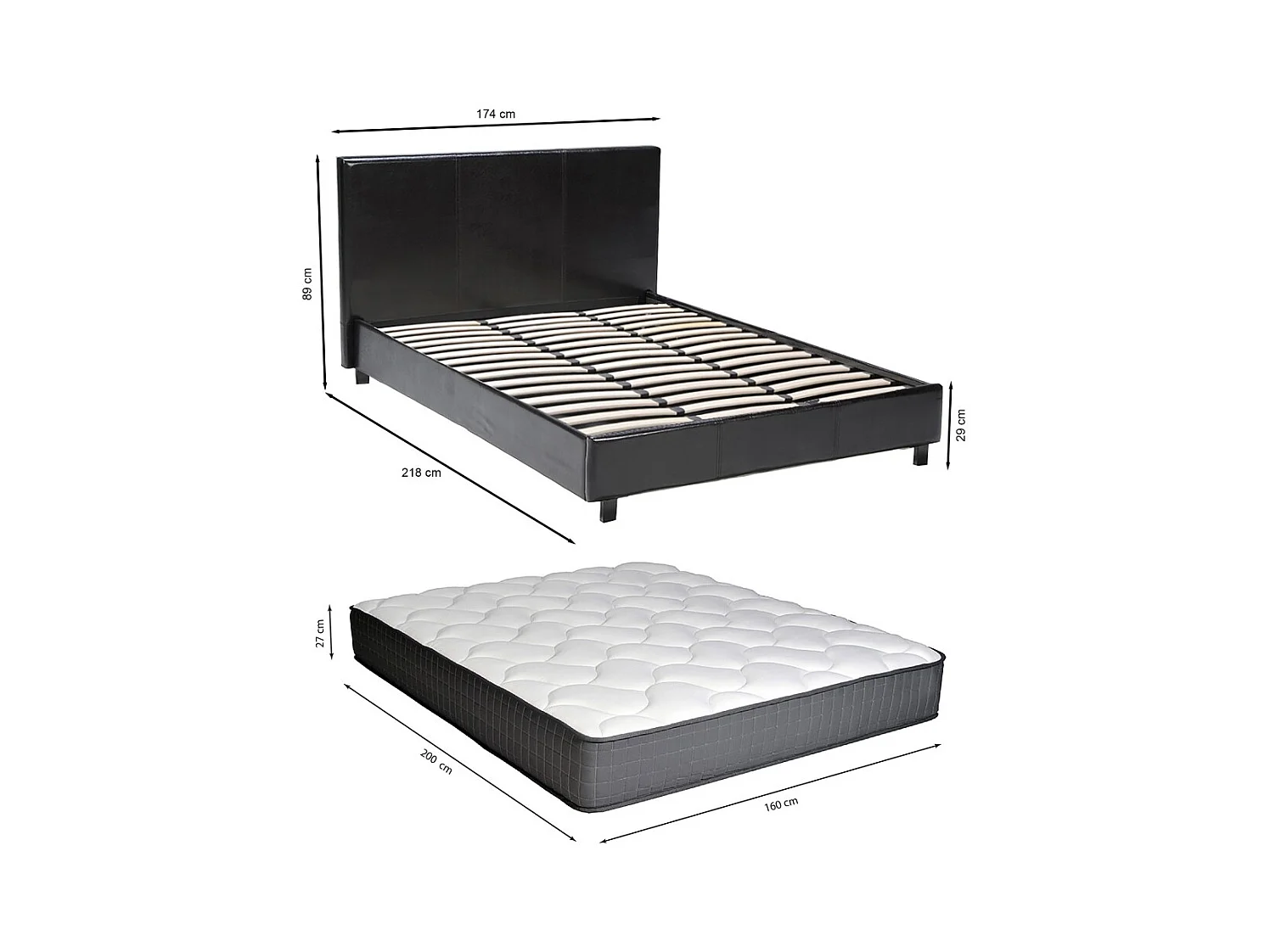 Lit ATLANTA 160x200 + 1 sommier + 1 matelas CARLTON / Noir