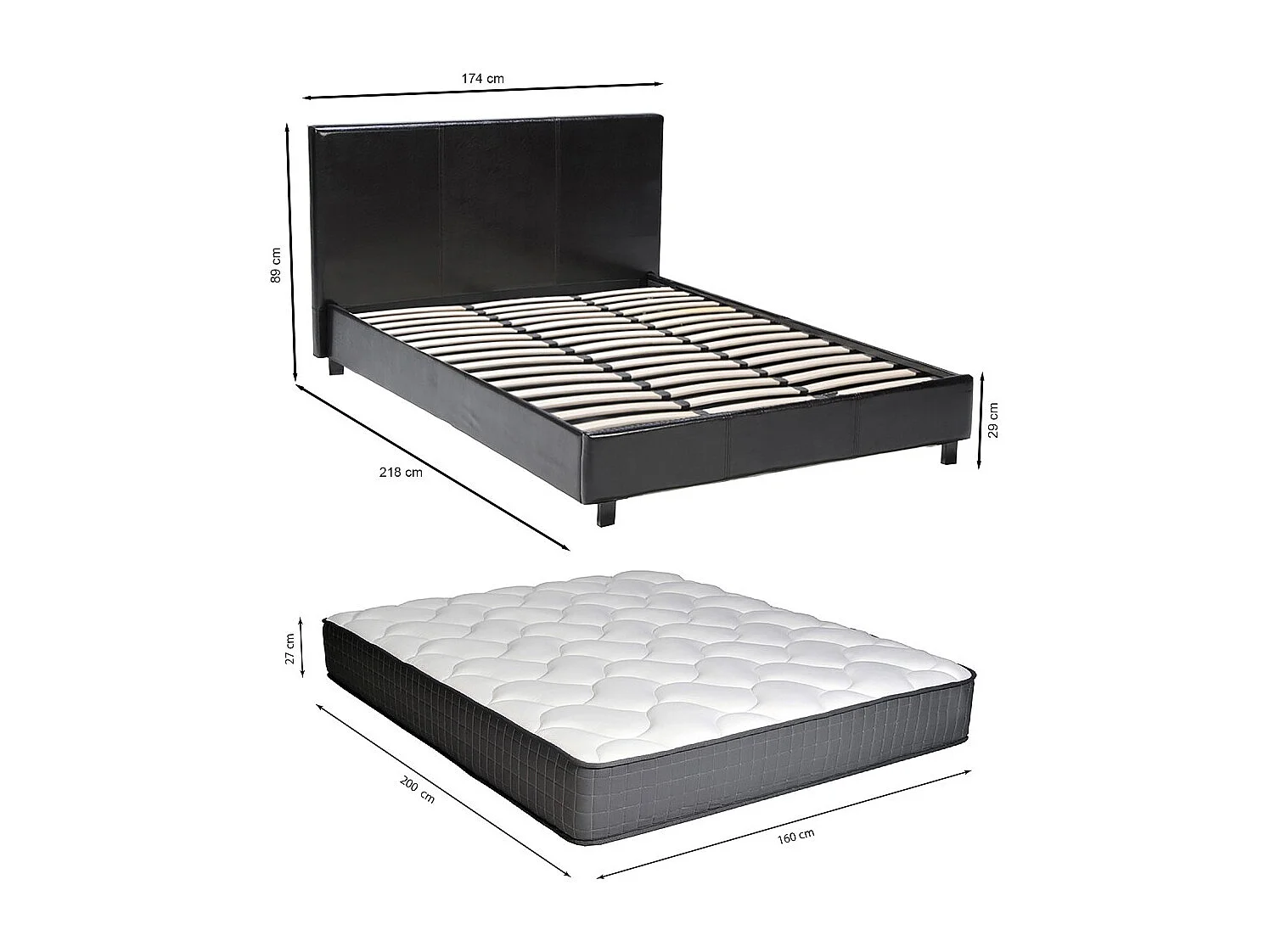 Lit ATLANTA 160x200 + 1 sommier + 1 matelas CARLTON / Noir