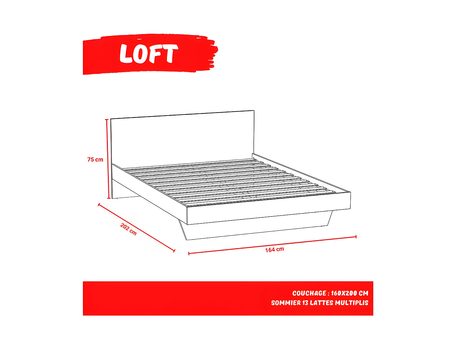 Lit LOFT 160x200 + 2 chevets  + sommier + tête de lit / Blanc