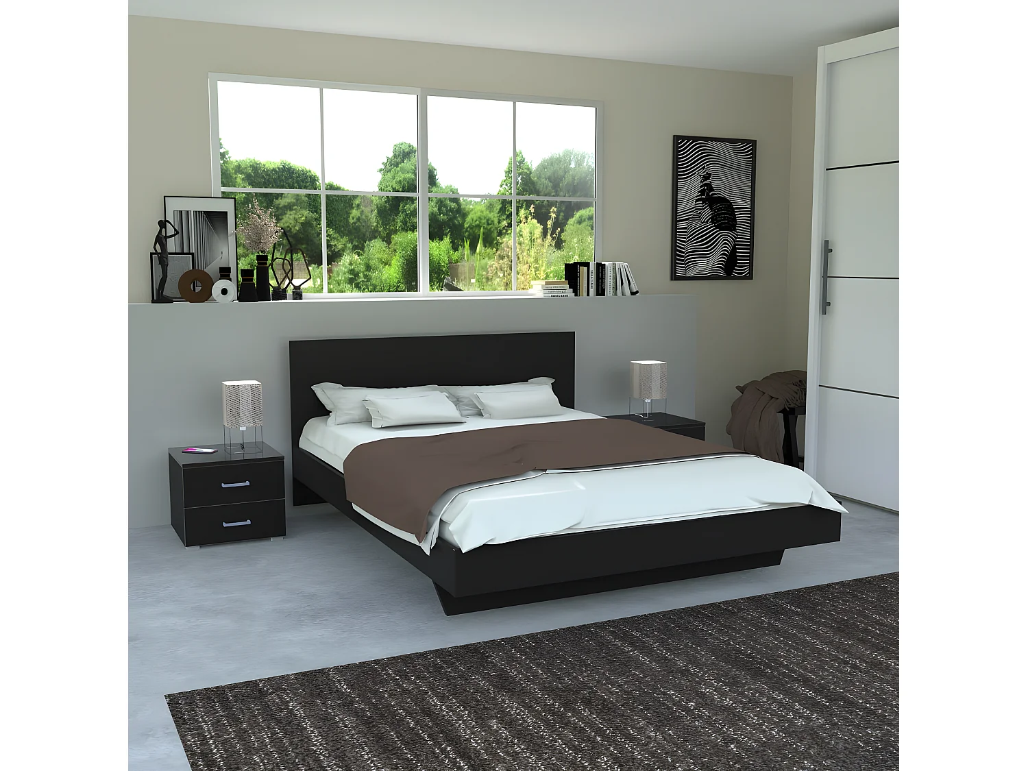 Lit LOFT 140x190 + 2 chevets + sommier + tête de lit / Noir