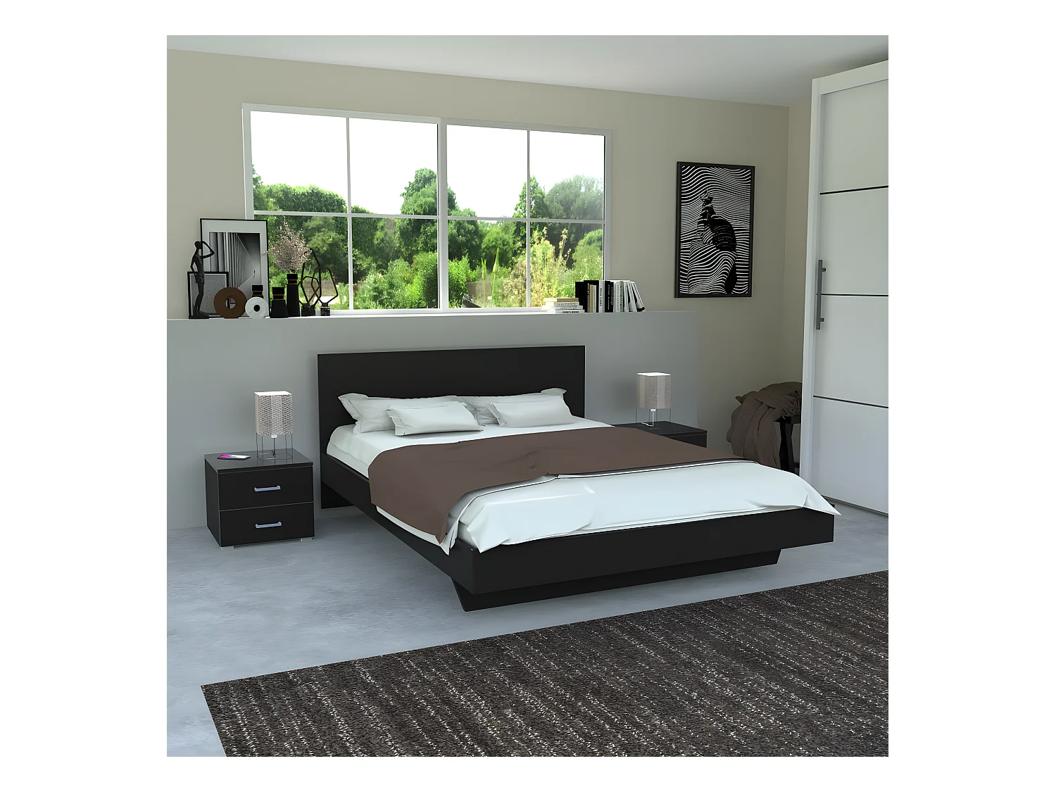Lit LOFT 140x190 + 2 chevets + sommier + tête de lit / Noir
