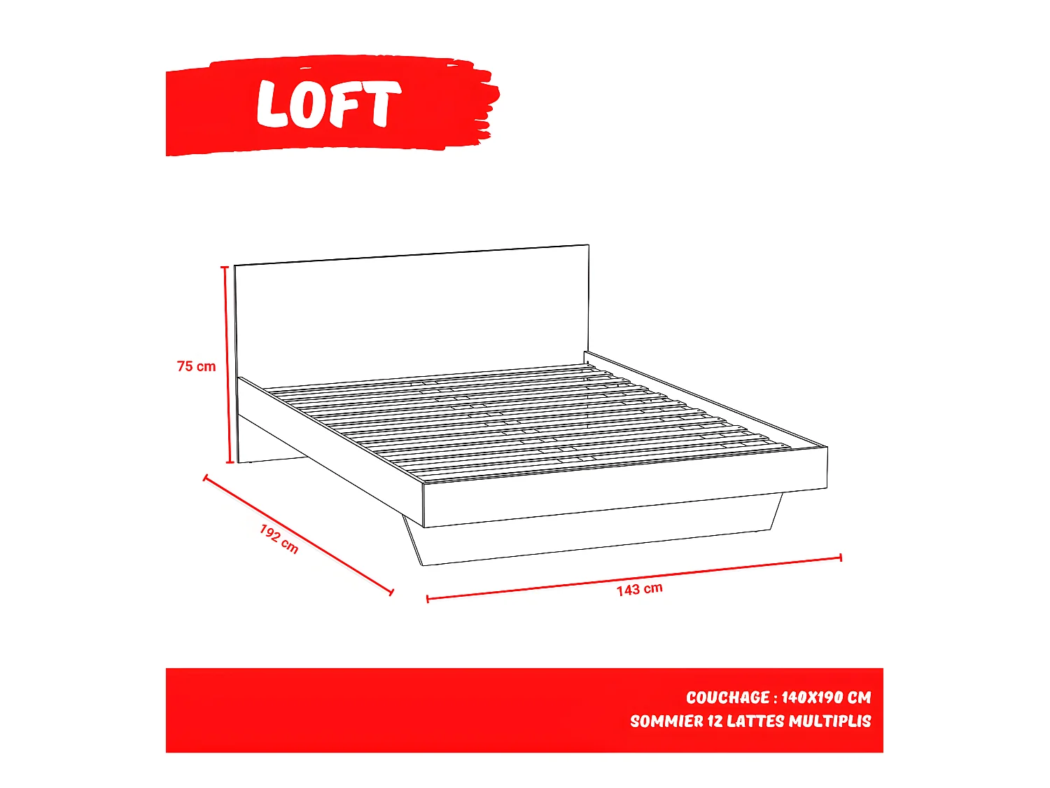 Lit LOFT 140x190 + 2 chevets + sommier + tête de lit / Noir