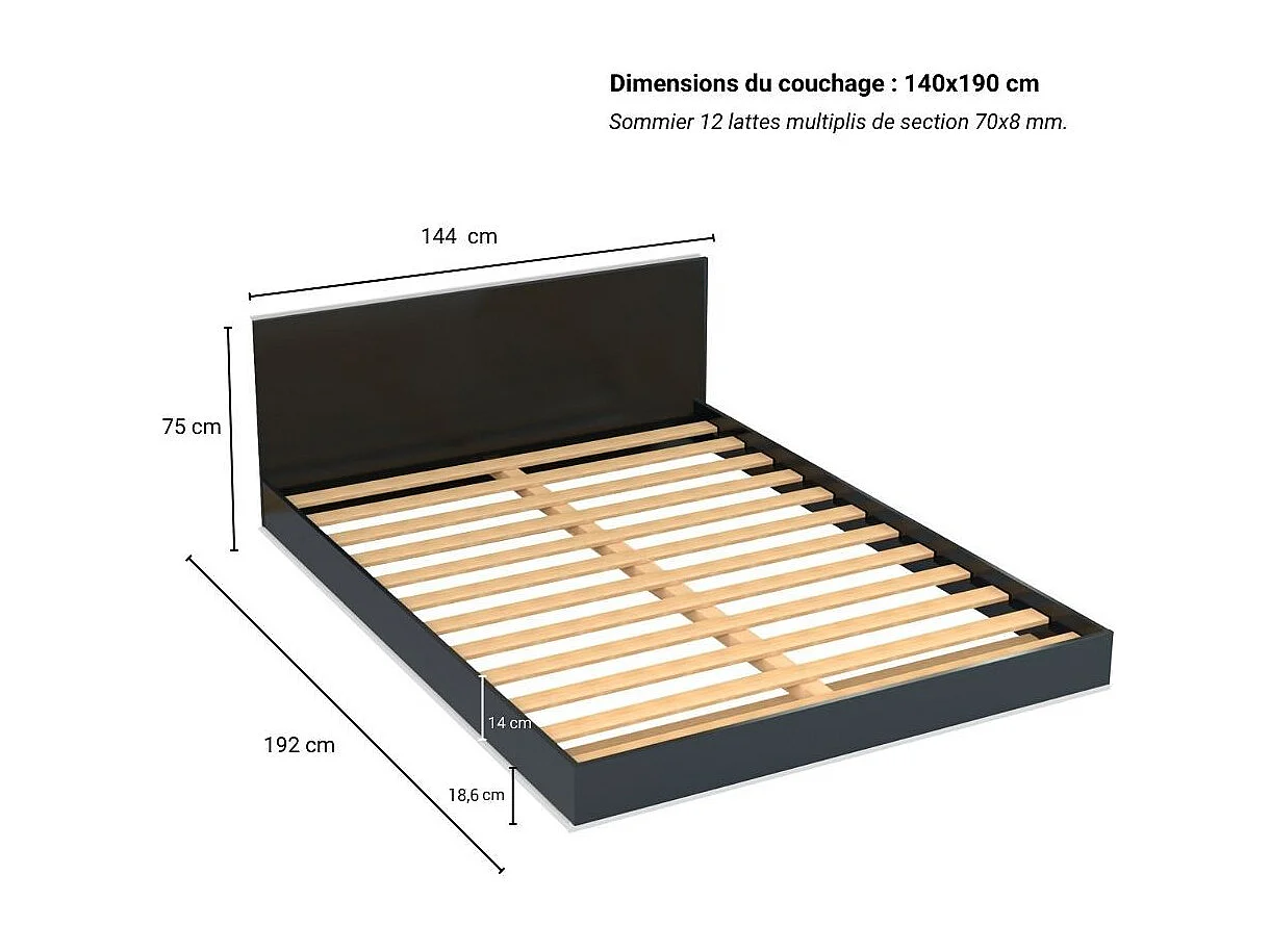 Lit LOFT 140x190 + 2 chevets + sommier + tête de lit / Noir