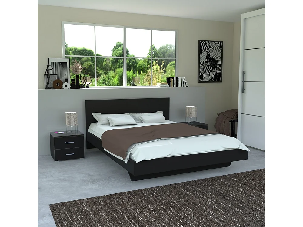 Lit LOFT 140x190 + 2 chevets + sommier + tête de lit / Noir
