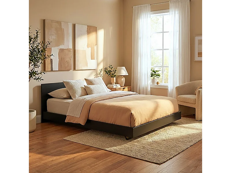 Lit LOFT 140x190 + 2 chevets + sommier + tête de lit / Noir