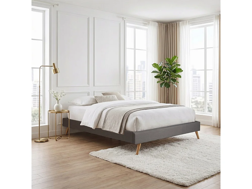 Lit BOREA 160x200 tissu + 1 sommier + 1 matelas CARLTON / Gris Foncé