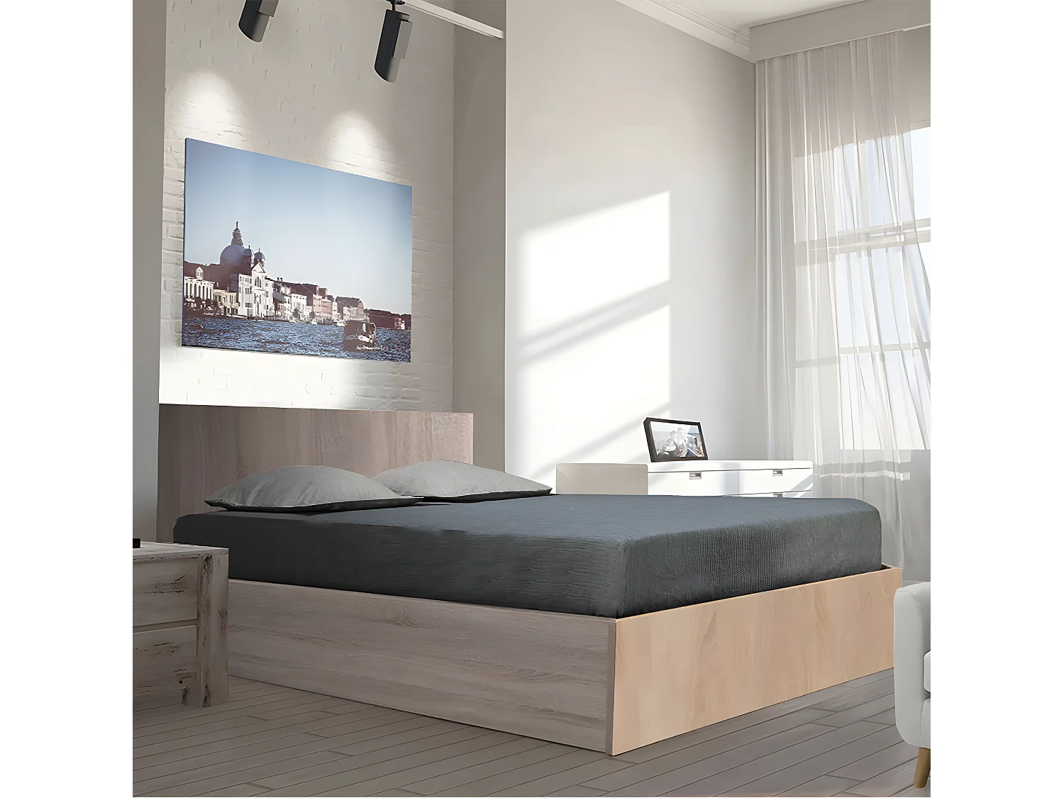 Lit coffre MADRID 140x190 + 1 sommier + 1 matelas mémoire de forme / Chêne Blanchi